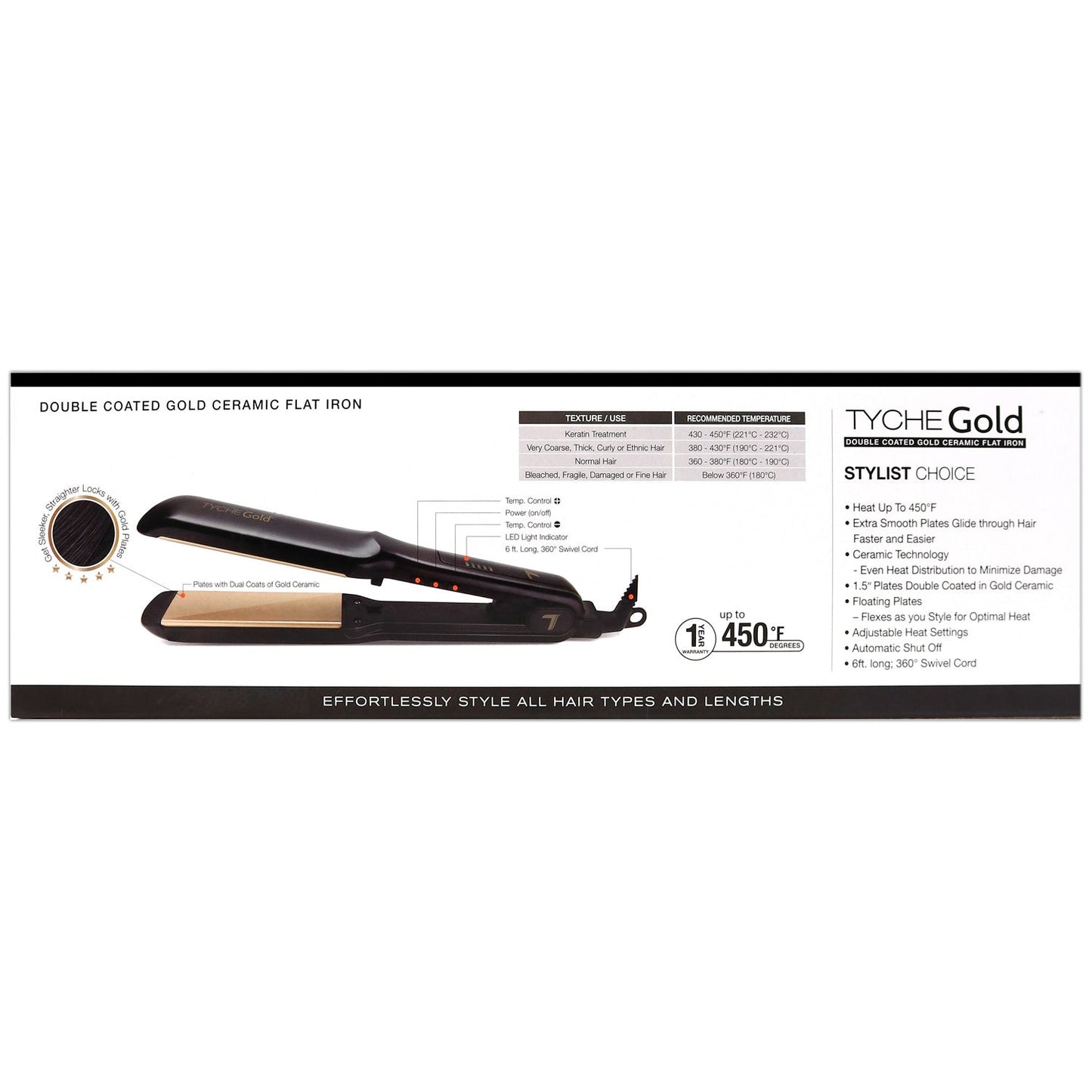 TYCHE 1" GOLD COATED CERAMIC FLAT IRON #TG100