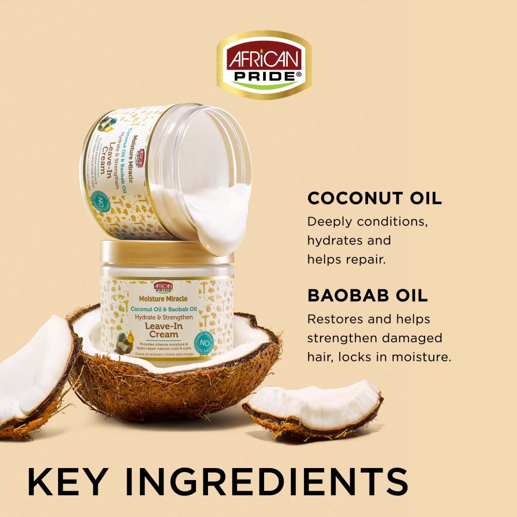 AFRICAN PRIDE MOISTURE MIRACLE COCONUT OIL & BAOBAB OIL LEAVE-IN CREAM, 15 OZ.