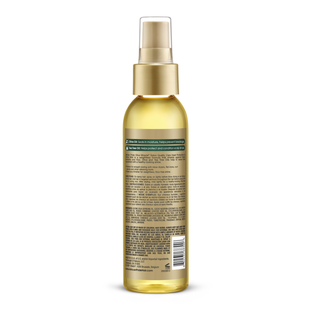 AFRICAN PRIDE OLIVE MIRACLE
HEAT PROTECTANT & SHINE MIST 4 OZ.