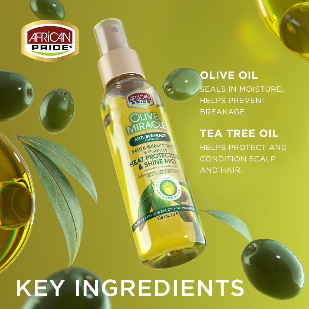 AFRICAN PRIDE OLIVE MIRACLE
HEAT PROTECTANT & SHINE MIST 4 OZ.