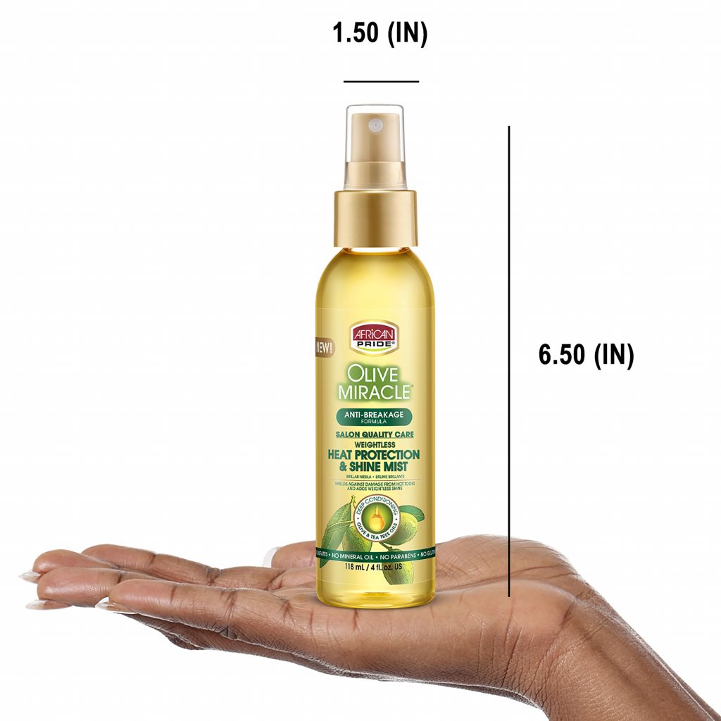 AFRICAN PRIDE OLIVE MIRACLE
HEAT PROTECTANT & SHINE MIST 4 OZ.
