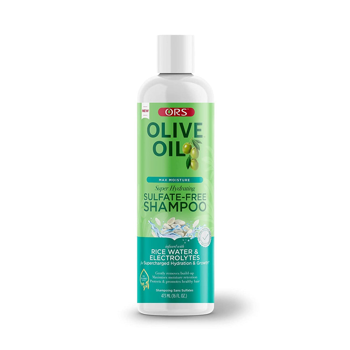 ORS OLIVE OIL MAX MOISTURE SUPER HYDRATING SULFATE-FREE SHAMPOO, INFUSED WITH RICE WATER AND ELECTROLYTES FOR SUPERCHARGED HYDRATION & GROWTH (16.0 OZ)
