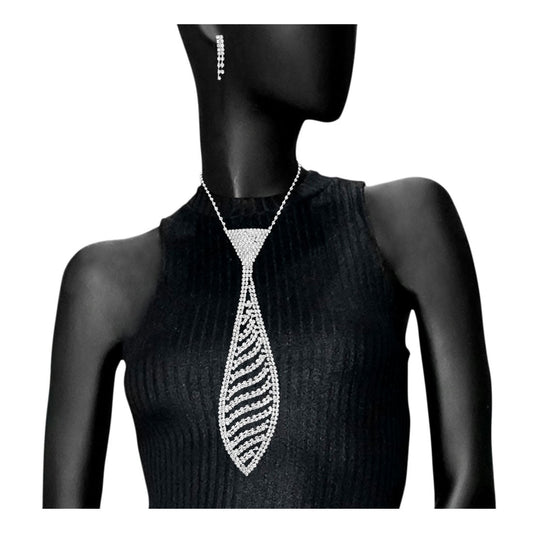 Silver Rhinestone Pave Wave Necktie Necklace Set