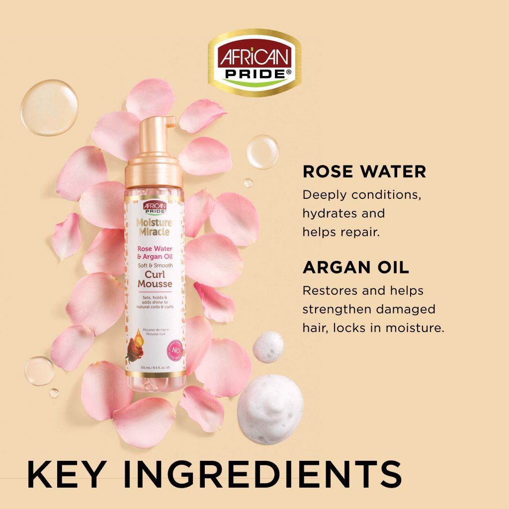 AFRICAN PRIDE MOISTURE MIRACLE ROSE WATER & ARGAN OIL CURL MOUSSE, 8.5 OZ.