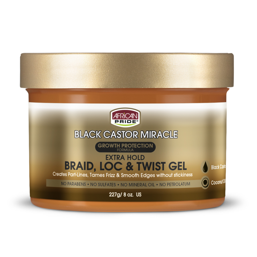 AFRICAN PRIDE BLACK CASTOR MIRACLE BRAID, LOC & TWIST GEL, 8 OZ.