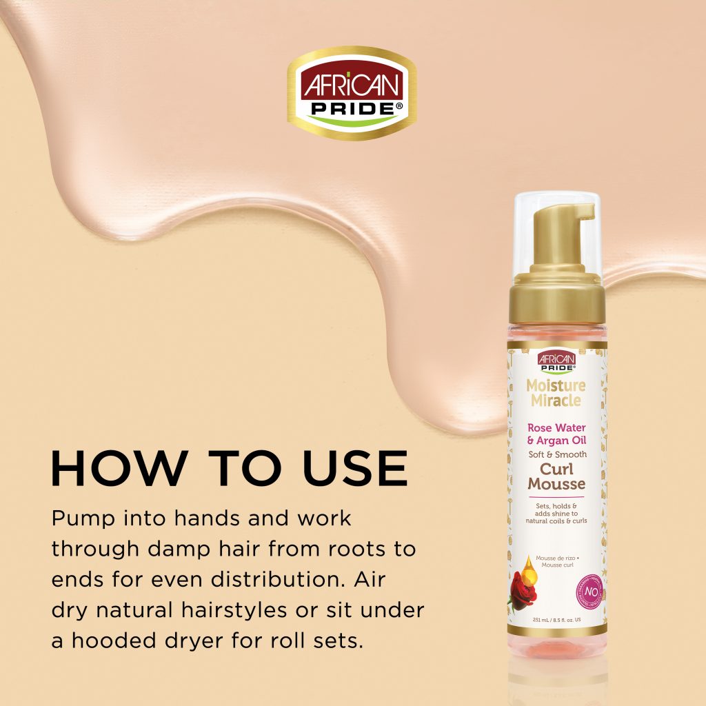 AFRICAN PRIDE MOISTURE MIRACLE ROSE WATER & ARGAN OIL CURL MOUSSE, 8.5 OZ.