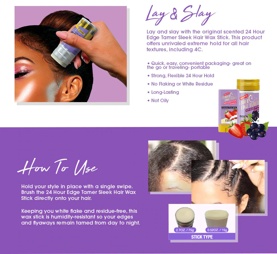 EBIN 24 HOUR EDGE TAMER SLEEK HAIR WAX STICK - COCONUT 2.7OZ.