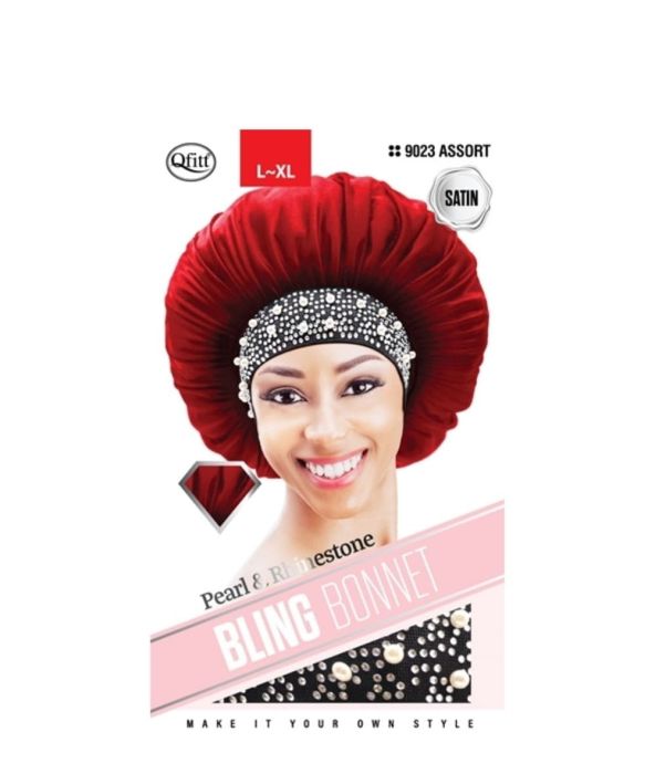 QFITT PEARL & RHINESTONE BLING SATIN BONNET