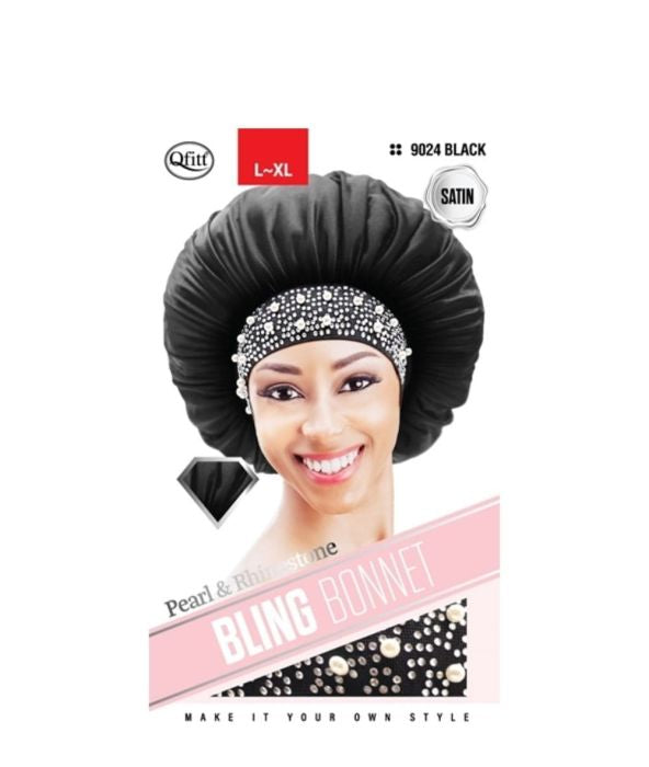 QFITT PEARL & RHINESTONE BLING SATIN BONNET
