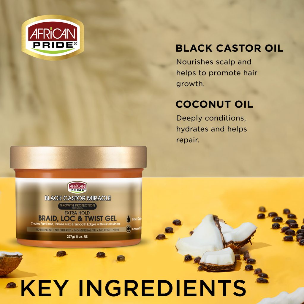AFRICAN PRIDE BLACK CASTOR MIRACLE BRAID, LOC & TWIST GEL, 8 OZ.