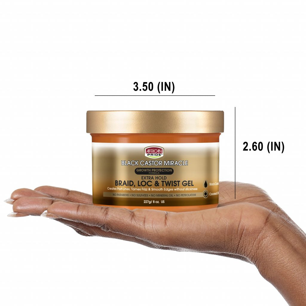 AFRICAN PRIDE BLACK CASTOR MIRACLE BRAID, LOC & TWIST GEL, 8 OZ.