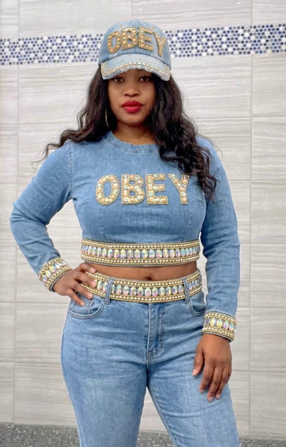 OBEY Rhinestone Studded Fashion Denim Cap