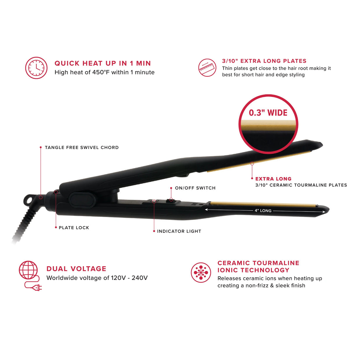 HOT & HOTTER PENCIL CERAMIC TOURMALINE FLAT IRON 3/10” BLACK #5937