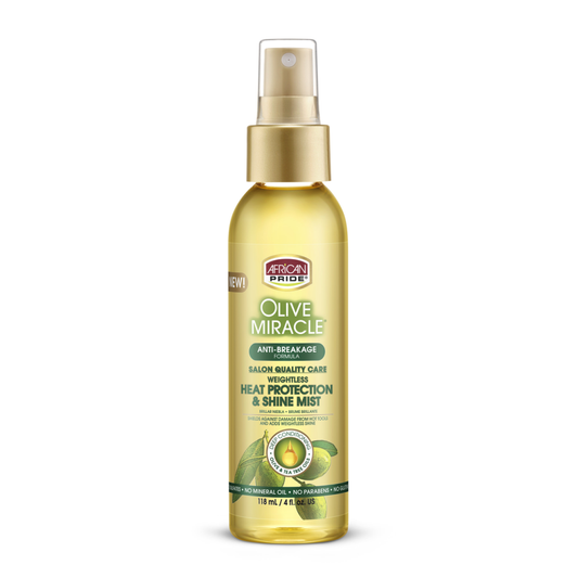 AFRICAN PRIDE OLIVE MIRACLE
HEAT PROTECTANT & SHINE MIST 4 OZ.