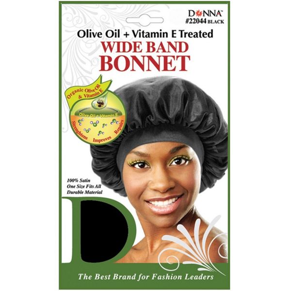 DONNA OLIVE OIL + VITAMIN E TREATED WIDE BAND BONNET - BLACK #22044