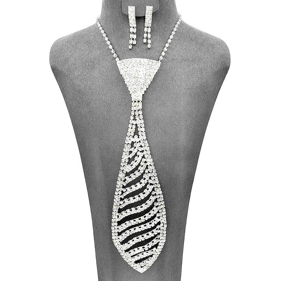 Silver Rhinestone Pave Wave Necktie Necklace Set