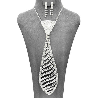Silver Rhinestone Pave Wave Necktie Necklace Set