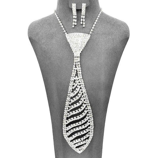 Silver Rhinestone Pave Wave Necktie Necklace Set