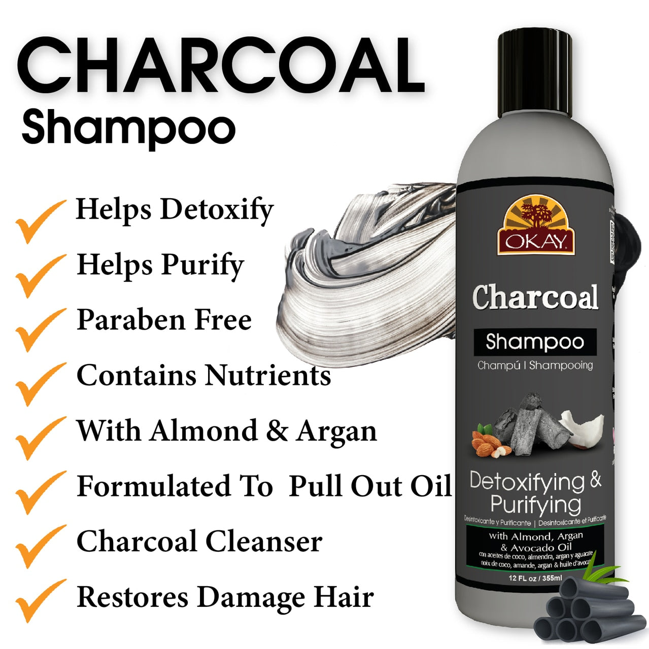 OKAY CHARCOAL DETOXIFYING & PURIFYING SHAMPOO 12OZ
