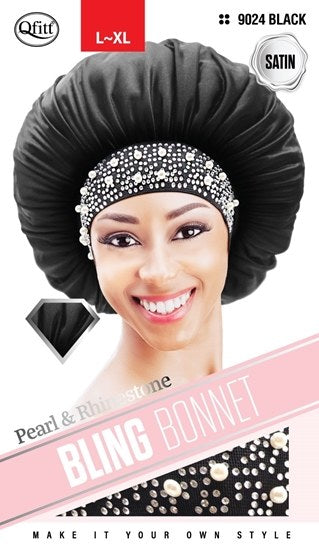 QFITT PEARL & RHINESTONE BLING SATIN BONNET