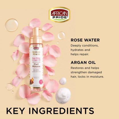 AFRICAN PRIDE MOISTURE MIRACLE ROSE WATER & ARGAN OIL CURL MOUSSE, 8.5 OZ.