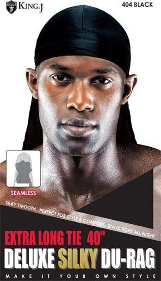 KING J. DELUXE SILKY DU-RAG EXTRA LONG TIE 40" (#404 BLACK)