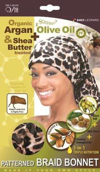 QFITT ORGANIC ARGAN & SHEA BUTTER + OLIVE OIL LEOPARD PATTERNED BRAID BONNET #8493