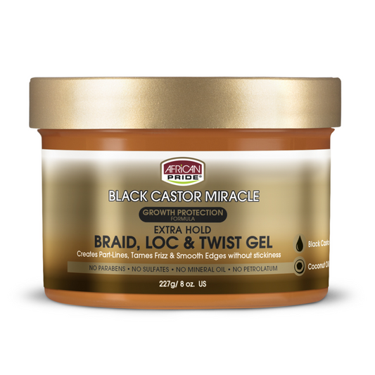 AFRICAN PRIDE BLACK CASTOR MIRACLE BRAID, LOC & TWIST GEL, 8 OZ.