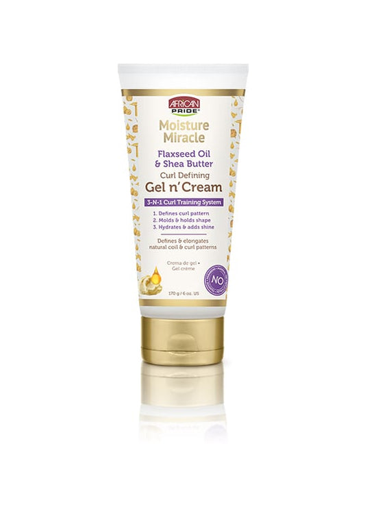 AFRICAN PRIDE MOISTURE MIRACLE FLAXSEED OIL & SHEA BUTTER CURL DEFINING GEL N' CREAM 6 OZ.