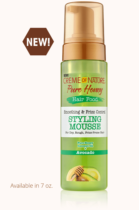 CREME OF NATURE PURE HONEY HAIR FOOD SMOOTHING & FRIZZ CONTROL STYLING MOUSSE 7 OZ.