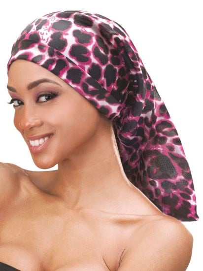 QFITT ORGANIC ARGAN & SHEA BUTTER + OLIVE OIL LEOPARD PATTERNED BRAID BONNET #8493