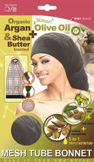 QFITT ORGANIC ARGAN & SHEA BUTTER PLUS OLIVE OIL MESH TUBE BONNET- BLACK