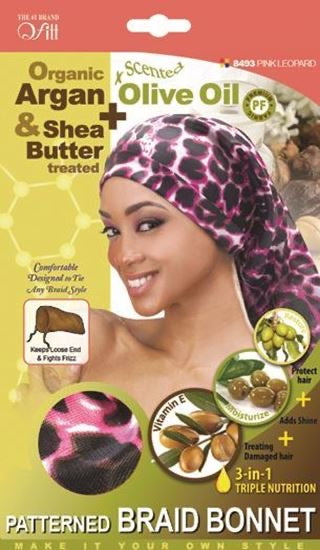 QFITT ORGANIC ARGAN & SHEA BUTTER + OLIVE OIL LEOPARD PATTERNED BRAID BONNET #8493