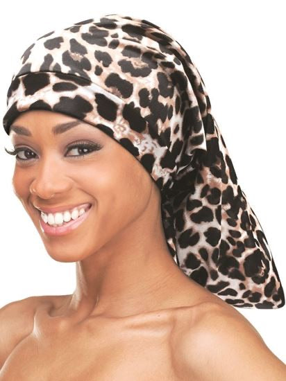 QFITT ORGANIC ARGAN & SHEA BUTTER + OLIVE OIL LEOPARD PATTERNED BRAID BONNET #8493